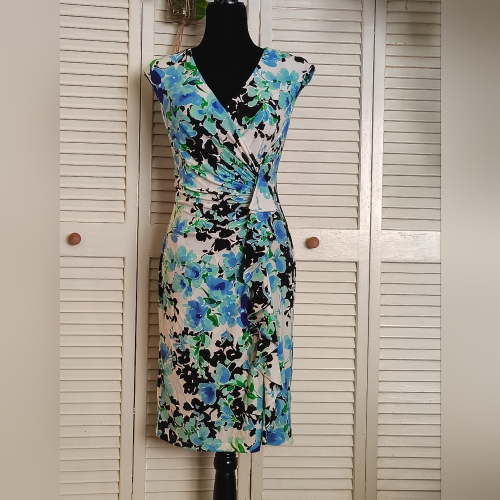 American Living Blue Green Floral Faux Wrap Midi Dress Size 4 – Like New